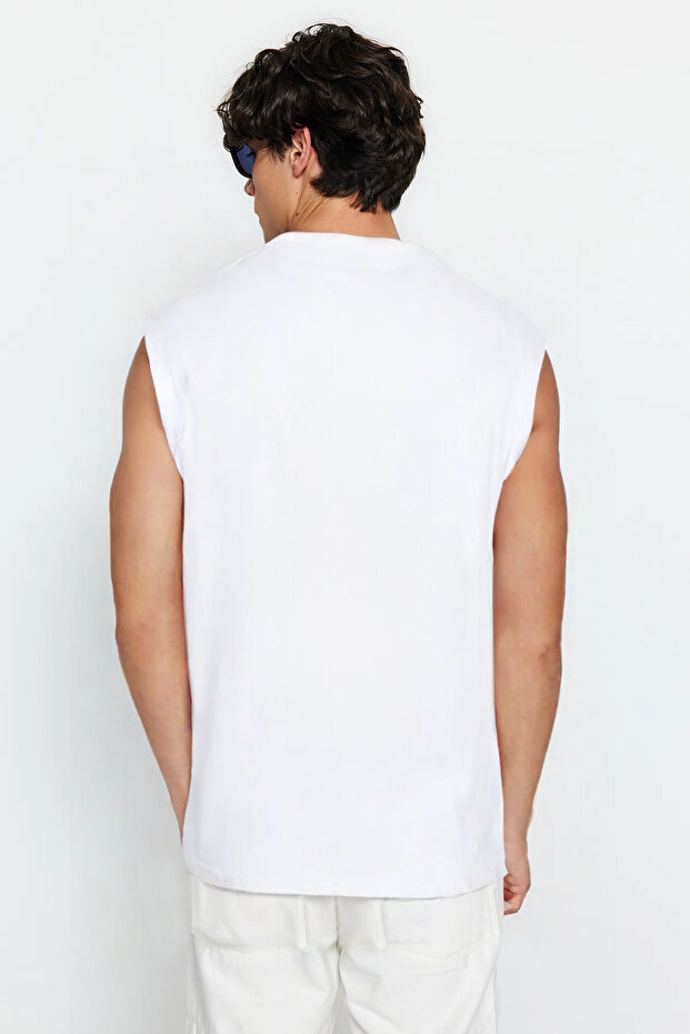 Beyaz Oversize/Geniş Kesim Basic Etiketli %100 Pamuk Kolsuz T-shirt/Atlet - 2