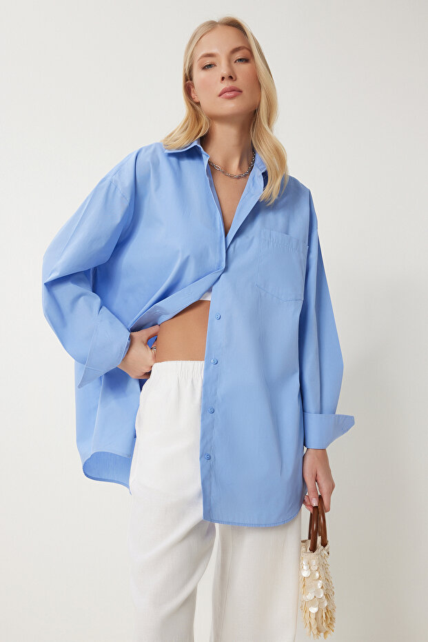 Women's Blue Oversize Long Woven Shirt Bp00167