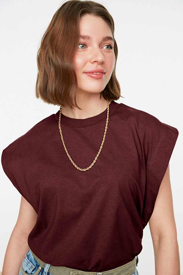Bordo %100 Pamuk Vatka Görünümlü Basic Bisiklet Yaka Örme T-Shirt TWOSS20TS0021 - 3