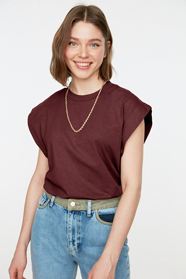 Bordo %100 Pamuk Vatka Görünümlü Basic Bisiklet Yaka Örme T-Shirt TWOSS20TS0021 - 1