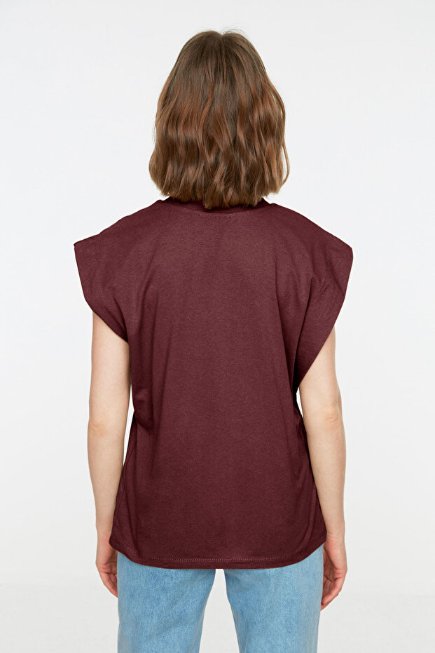 Bordo %100 Pamuk Vatka Görünümlü Basic Bisiklet Yaka Örme T-Shirt TWOSS20TS0021 - 4