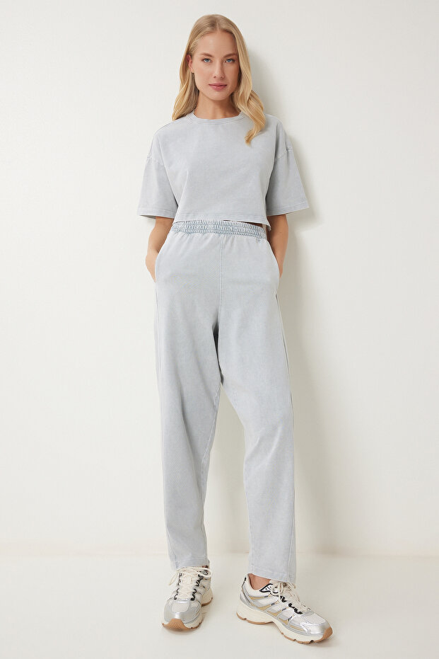 Graues Damen-Trainingsanzug-Set aus gestrickter Baumwolle mit verblasstem Effekt BF00101 - 1