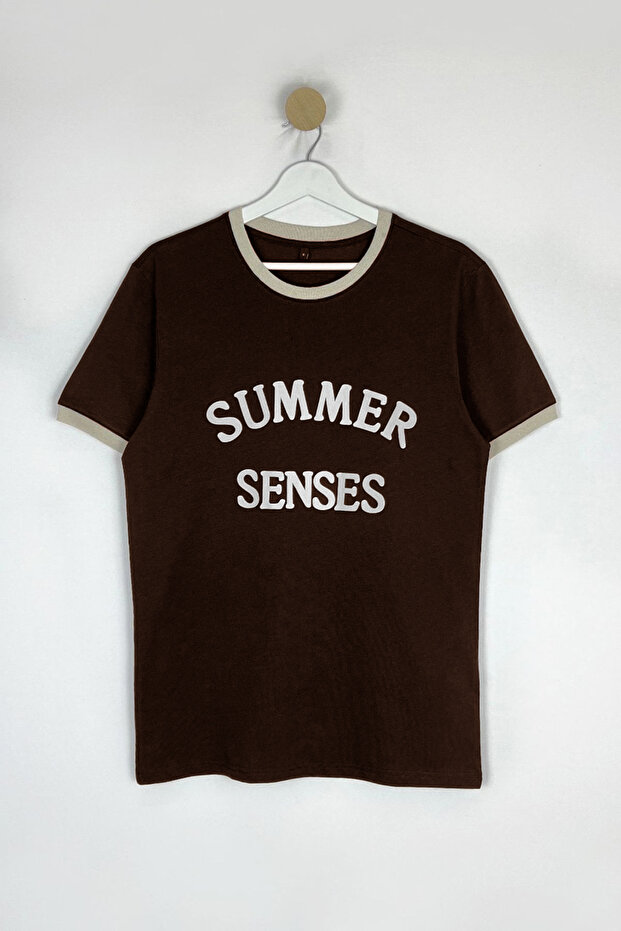 Kahverengi Slim/Dar Kesim Kol Detaylı Baskılı %100 Pamuk T-Shirt TMNSS25TS00034 - 6