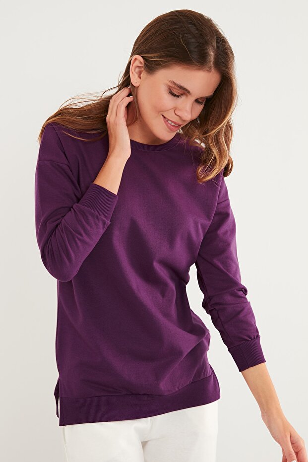 Pamuklu Bisiklet Yaka Basic Örme Sweat Bayan Sweat 5863569 - 4