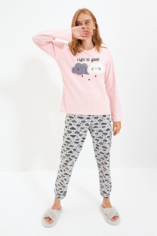 Somon Pamuklu Nakışlı Örme Pijama Takımı THMAW21PT0646 - 3