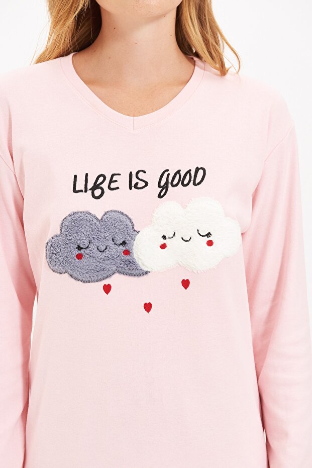 Somon Pamuklu Nakışlı Örme Pijama Takımı THMAW21PT0646 - 5