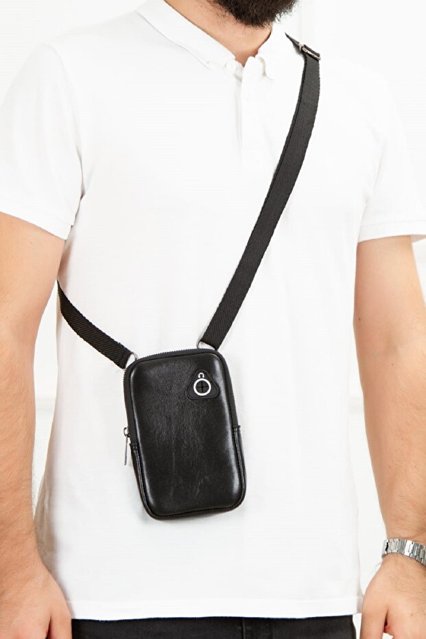 Alva Clup Genuine Leather Freebag Shoulder Bag with Headphone Jack Black (12x18cm)