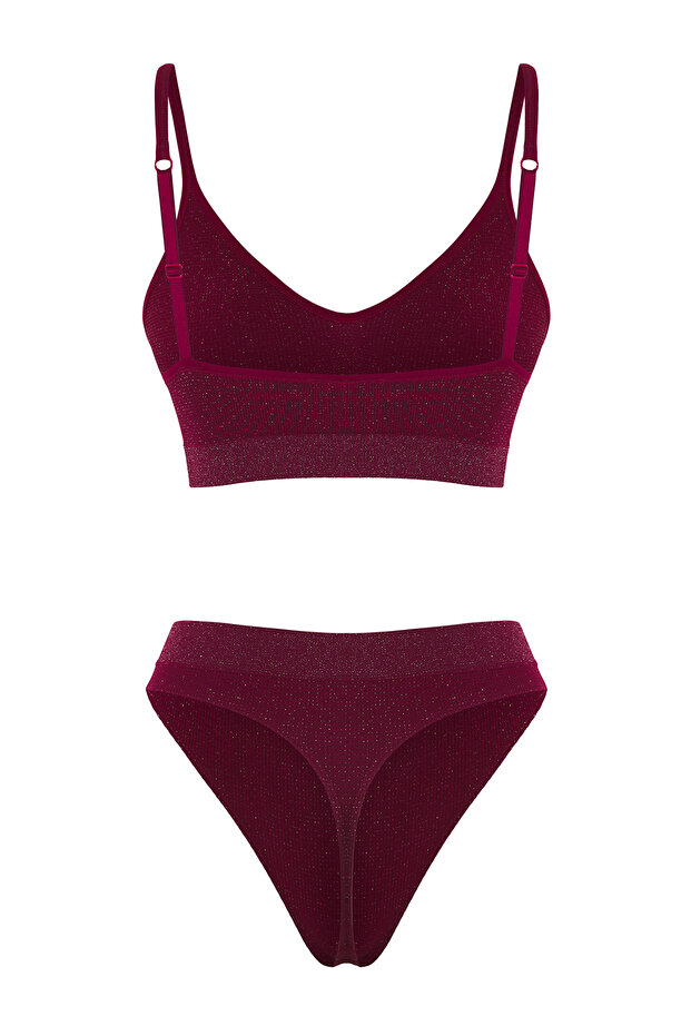Bordo Seamless/Dikişsiz Simli/Parlak Kapsız Askılı Örme İç Çamaşırı Takımı THMSS25CC00001 - 6