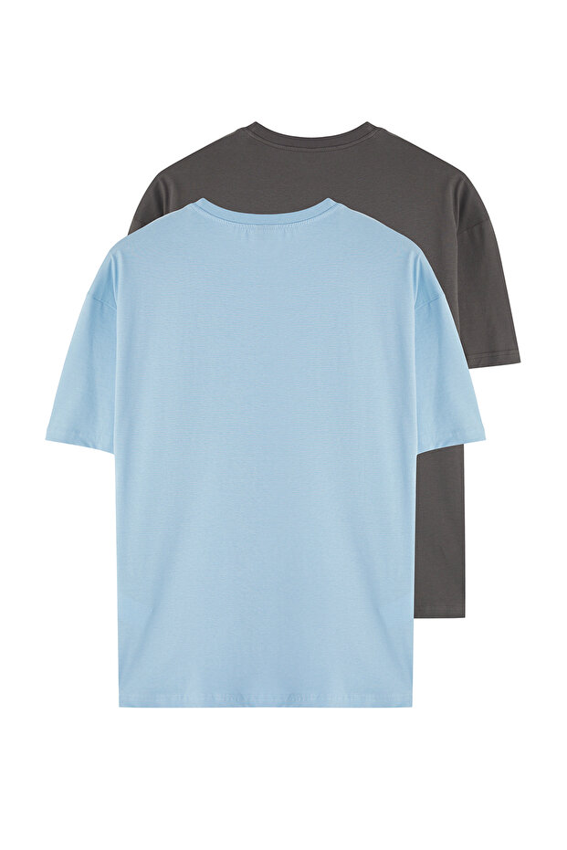 Mavi-Antrasit Oversize/Geniş Kesim 2'li Paket Baskılı-Düz %100 Pamuk T-Shirt TMNSS25TS00212 - 13