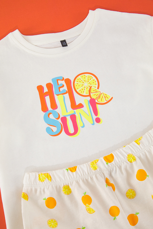 Ekru Kız Çocuk %100 Pamuk Slogan Baskılı Kısa Kol Mini Me/Anne-Kız Örme Pijama Takımı TKDSS2500026 - 5
