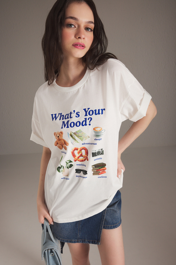 Ekru %100 Kalın Pamuklu Oversize/Geniş Kalıp Baskılı Örme T-Shirt TWOSS25TS00166 - 1