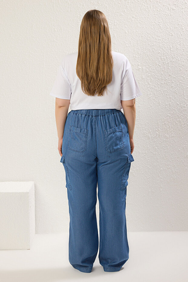 Mavi Yüksek Bel Beli Lastikli Geniş Paça İnce/Yazlık Büyük Beden Wide Leg Jeans TBBSS25CJ00003 - 4