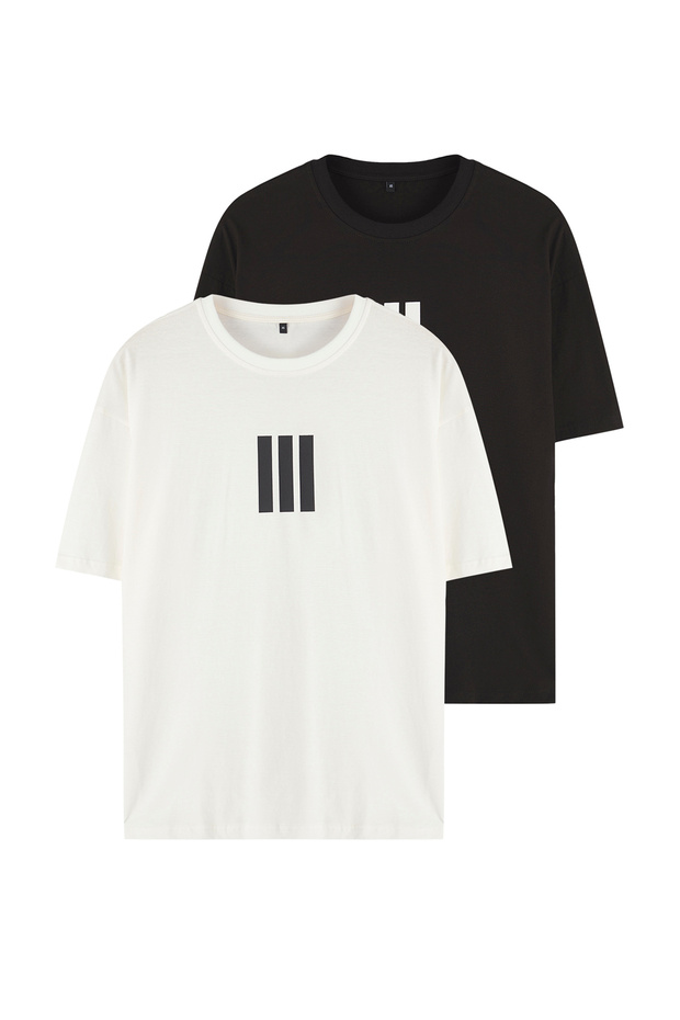 Ekru-Siyah Oversize/Geniş Kesim 2'li Paket Çizgi Baskılı %100 Pamuk T-Shirt TMNSS25TS00210 - 3