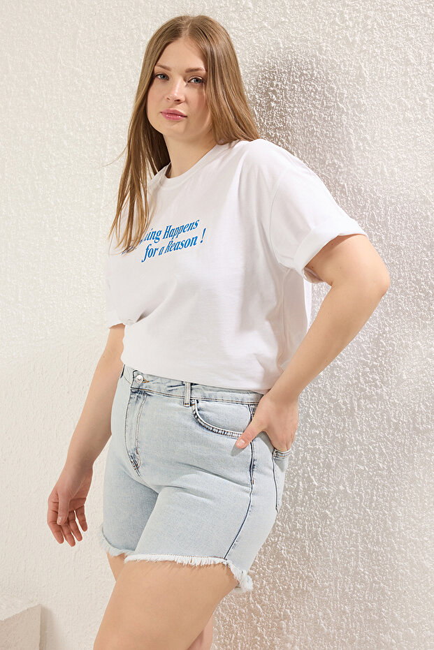 Buz Mavisi Paçası Püsküllü Esnek Skinny Denim Şort & Bermuda TBBSS23CJ00016 - 2