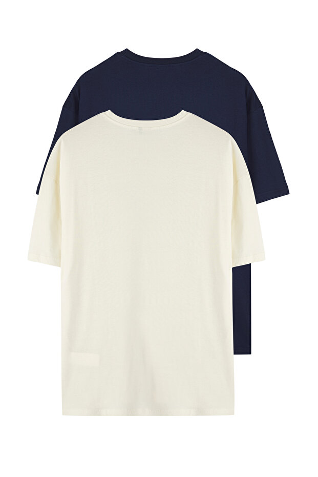 Lacivert-Bej Oversize/Geniş Kesim 2'li Paket Yazı Baskılı-Düz %100 Pamuk T-Shirt TMNSS25TS00215 - 14