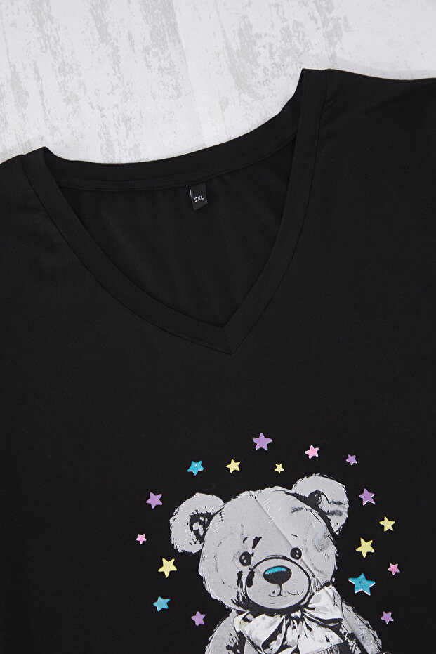 Siyah V Yaka Ayıcık & Yıldız Desenli Kapri Viskon Örme Pijama Takımı TBBSS25AI00068 - 5