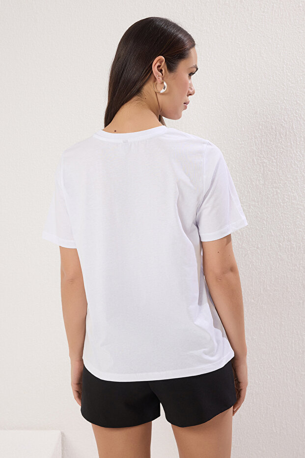 Beyaz-Beyaz Basic %100 Pamuk Bisiklet Yaka 2'li Paket Örme T-Shirt TWOSS20TS0141 - 5