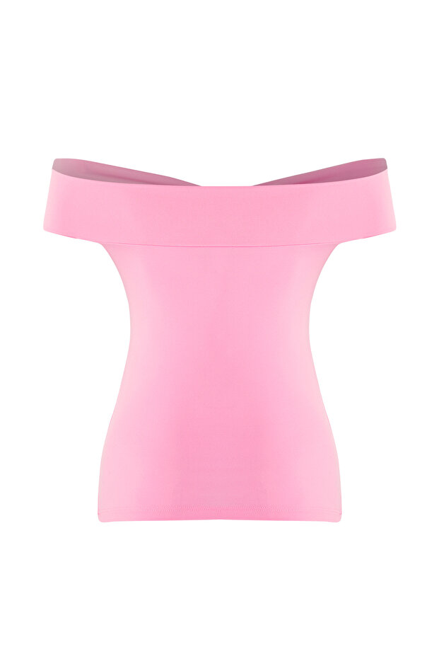 Pembe Gül Detaylı Fitted/Vucuda Oturan Esnek Örme Bluz TWOSS25BZ00041 - 6
