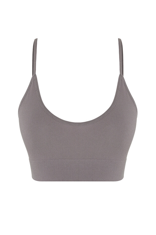 Gri Seamless/Dikişsiz İp Askılı Balensiz Kapsız Bralette Örme Sütyen THMAW23SU00140 - 8