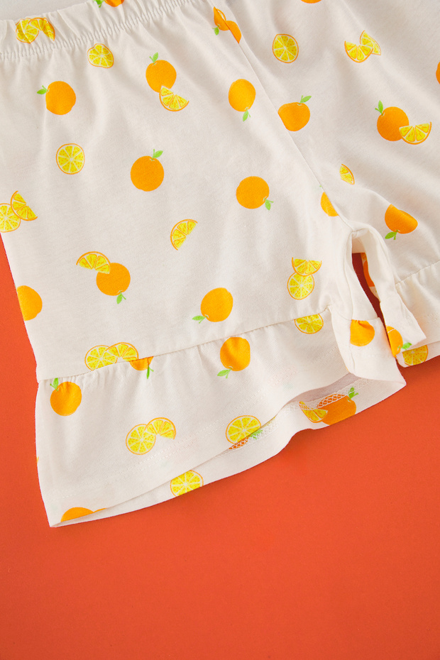 Ekru Kız Çocuk %100 Pamuk Slogan Baskılı Kısa Kol Mini Me/Anne-Kız Örme Pijama Takımı TKDSS2500026 - 4