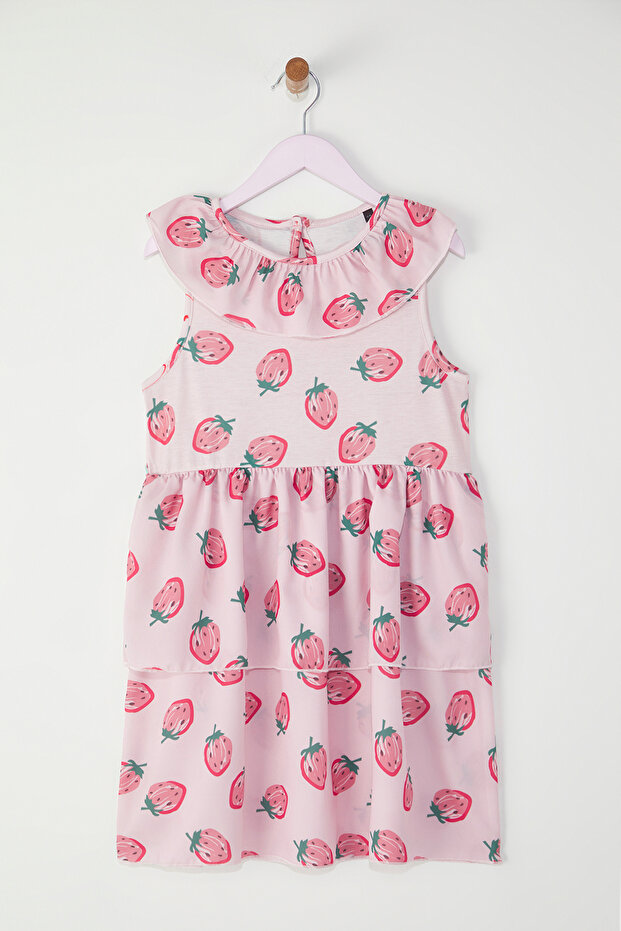 Pembe Kız Çocuk Çilek Desenli Kısa Kol Mini Örme Elbise TKDSS25EL00066 - 3