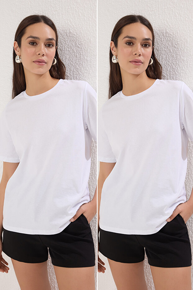 Beyaz-Beyaz Basic %100 Pamuk Bisiklet Yaka 2'li Paket Örme T-Shirt TWOSS20TS0141 - 1
