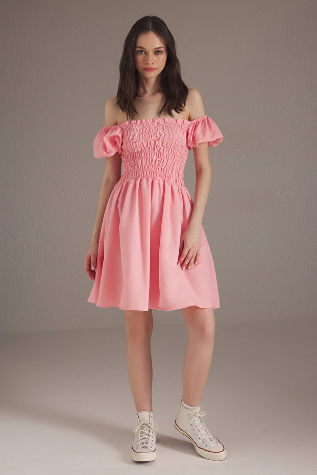 Pembe Düz Gipeli Kısa / Mini Dokuma Elbise TWOSS25EL00670 - 1