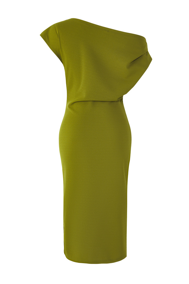 Yağ Yeşili Midi Büzgü/Drape Detaylı Örme Elbise TWOSS25EL00780 - 6