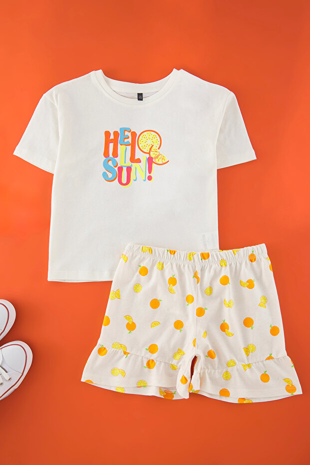 Ekru Kız Çocuk %100 Pamuk Slogan Baskılı Kısa Kol Mini Me/Anne-Kız Örme Pijama Takımı TKDSS2500026 - 3