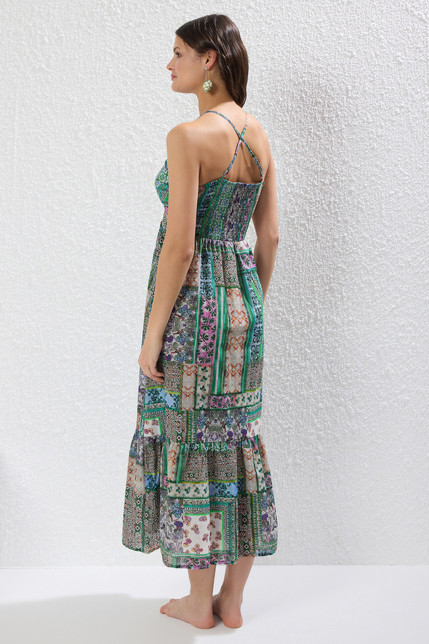 Etnik Desenli Dokuma Cut Out Detaylı %100 Pamuk Maxi Plaj Elbise TBESS25EL00110 - 4