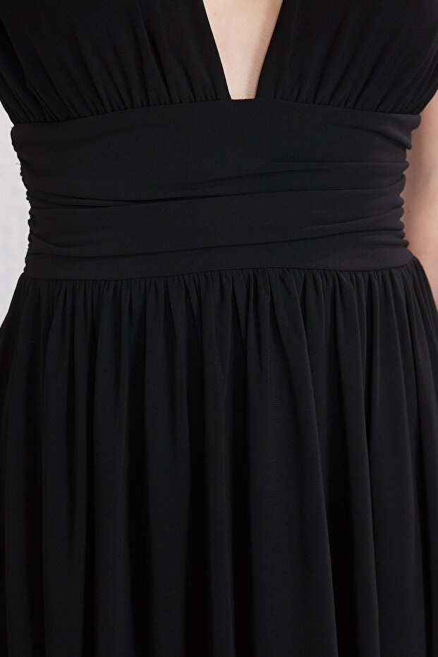 Siyah Belden Açılan Örme Mini Abiye Gece Mezuniyet Elbisesi TPRSS25EL00291 - 3