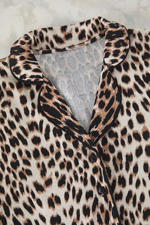 Kahverengi %100 Pamuklu Leopar Desenli Şortlu Örme Pijama Takımı THMSS24PT00392 - 7