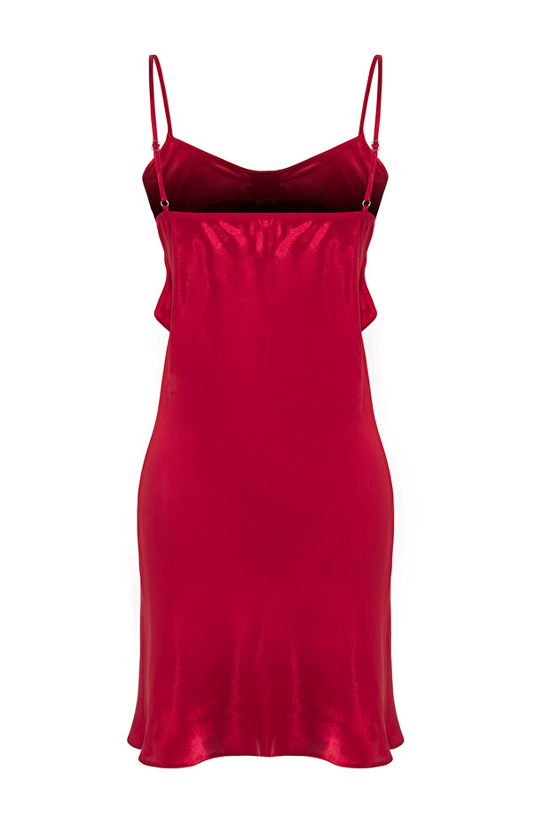 Bordo Kurdele/Fiyonk Detaylı İp Askılı Saten Dokuma Gecelik THMSS25GC00023 - 6