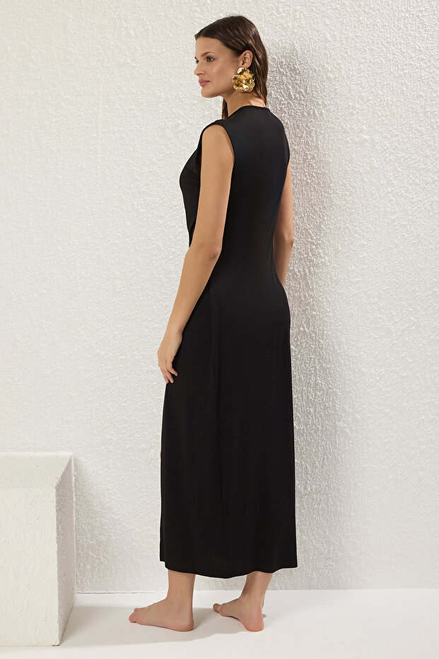 Siyah Örme Yırtmaçlı Maxi Plaj Elbise TBESS25EL00117 - 4