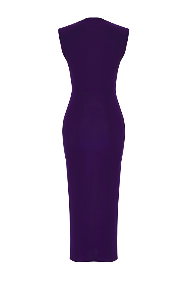 Mor Bodycone/Vücuda Oturan Aksesuar Detaylı Ay Kol Kayık Yaka Midi Örme Elbise TWOSS25EL00699 - 6