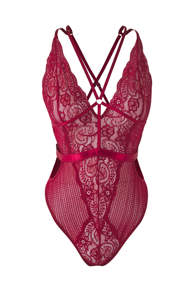 Koyu Vişne Dantel Ajurlu/Delikli Biye Detaylı Kapsız Örme Body THMSS25BD00002 - 5