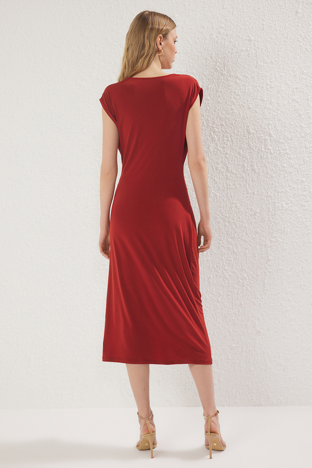 Kiremit Düz Büzgü / Drape Midi Büzgü Drape Detaylı Kruvaze Yaka  Örme Elbise TWOSS25EL00098 - 4
