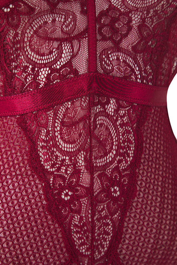 Koyu Vişne Dantel Ajurlu/Delikli Biye Detaylı Kapsız Örme Body THMSS25BD00002 - 6