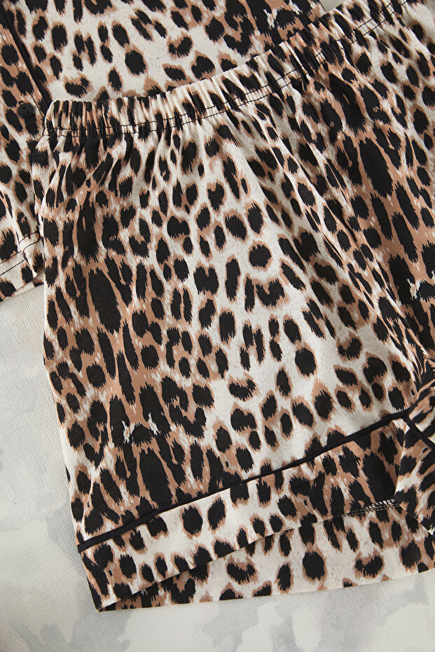 Kahverengi %100 Pamuklu Leopar Desenli Şortlu Örme Pijama Takımı THMSS24PT00392 - 6