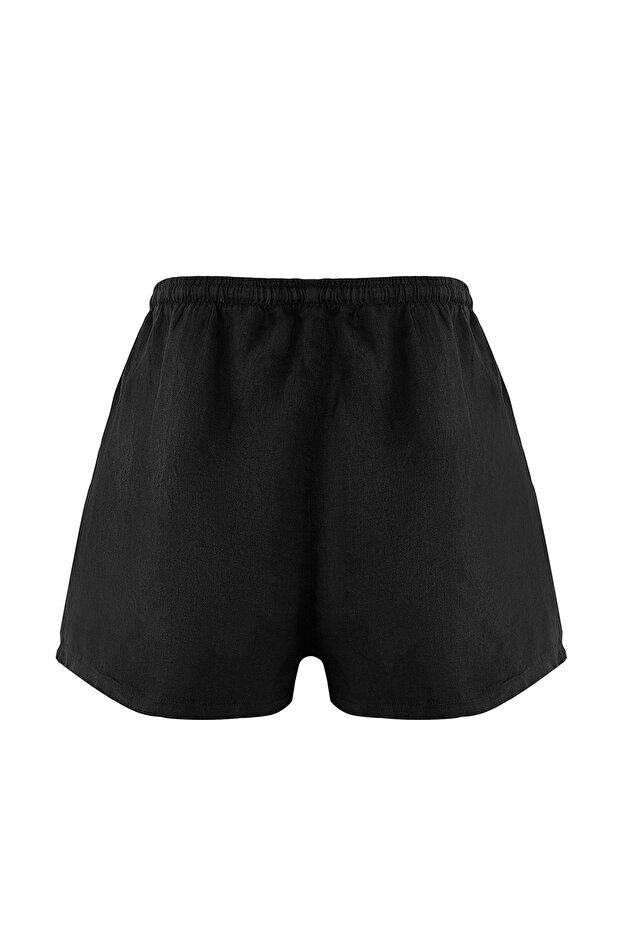 Siyah Premium Dokuma %100 Keten Plaj Mini Yüksek Bel Şort & Bermuda TBESS25SR00013 - 10