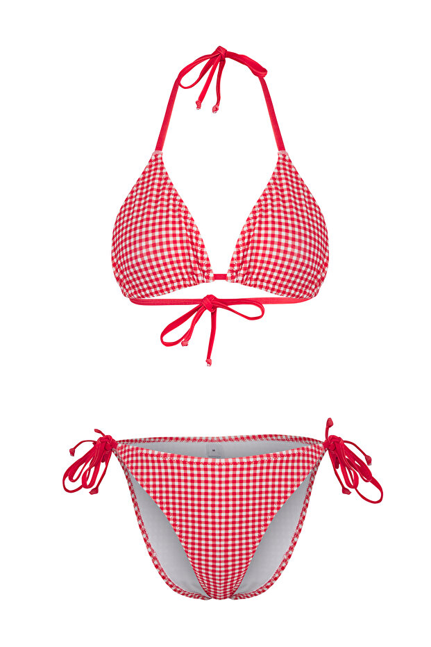 Ekose Desenli Biyeli Üçgen Regular Normal Bel Bikini Takımı TBESS25BT00183 - 5