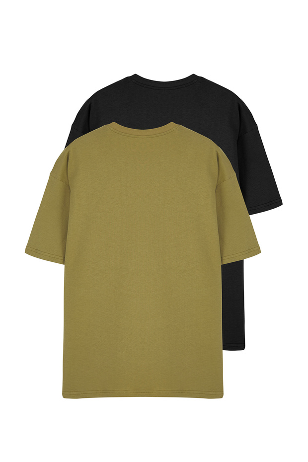Haki-Siyah Oversize/Geniş Kesim 2'li Paket Yazı Baskılı %100 Pamuk T-Shirt TMNSS25TS00211 - 10