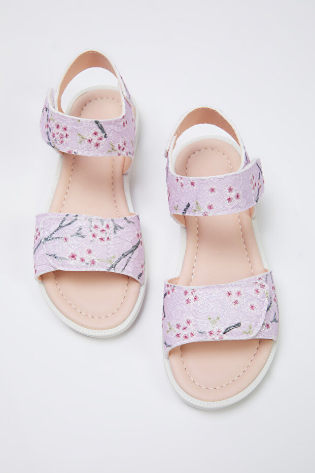 Pembe Çiçek Desenli Simli Cırt Bantlı Küçük Kız Çocuk Kids Sandalet TAKSS25SD00052 - 1