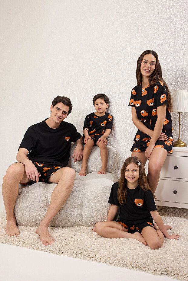 Siyah Unisex %100 Pamuk Ayıcık Baskılı Kısa Kol Family/Aile-Kız Örme Pijama Takımı TKDSS25PT00015 - 2
