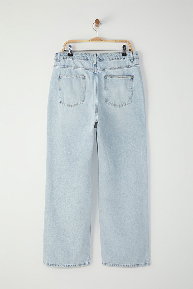 Açık Mavi Yüksek Bel Straight Fit %100 Pamuk Non-Strerch Denim Büyük Beden Jeans TBBSS24CJ00050 - 7