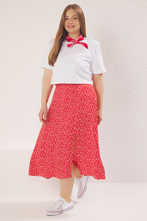 Czerwona, jaskrawo-kwiatowa, rozcięta, tkana spódnica midi z wiskozy TBBSS22AZ0001 - 2