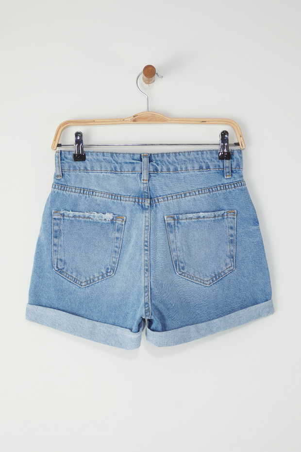 Mavi Yüksek Bel Paça Katlamalı Mini Denim Şort TWOSS25SR00170 - 6