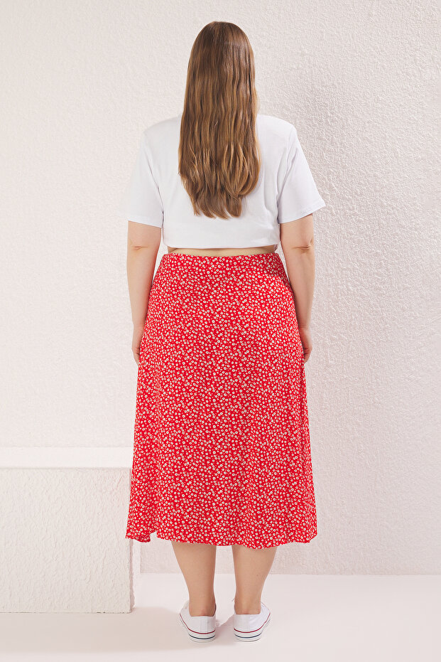 Czerwona, jaskrawo-kwiatowa, rozcięta, tkana spódnica midi z wiskozy TBBSS22AZ0001 - 4