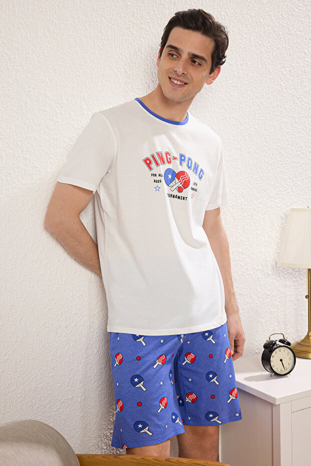 Ekru -Mavi Regular Fit Spor Temalı Örme Şortlu Pijama Takımı TMNSS25PT00014 - 2