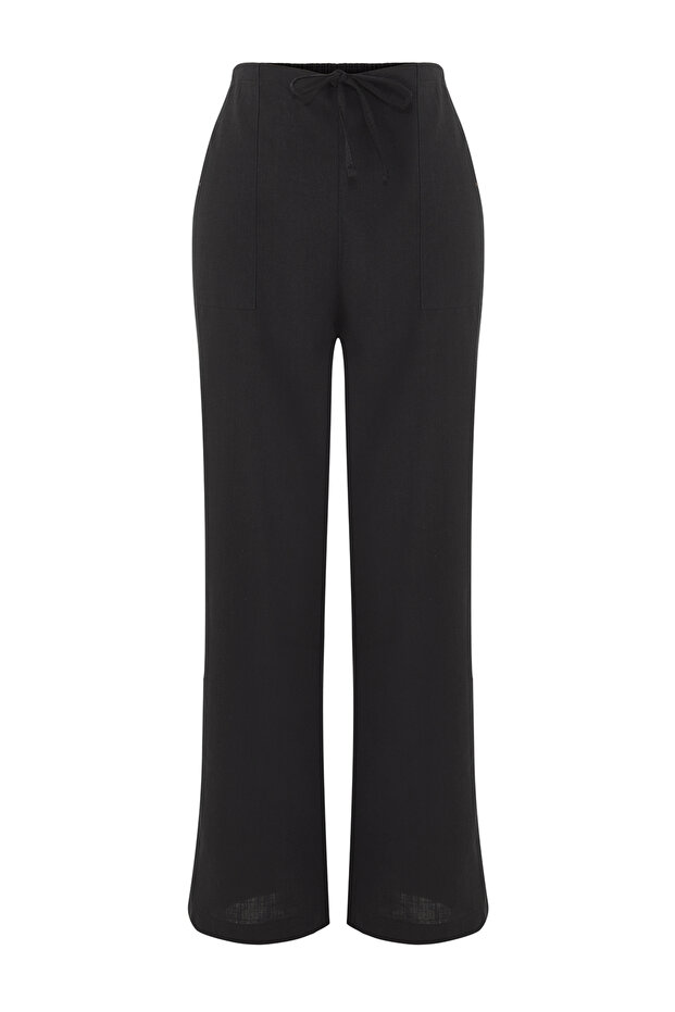 Siyah Dokuma Cep Detaylı Plaj Normal Bel Pantolon TBESS25PL00005 - 5